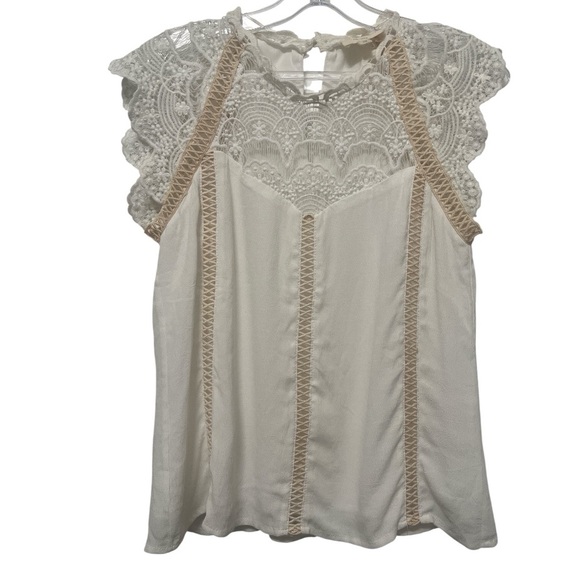 Anthropologie Tops - Anthropologie En Elly White Tan Lace Blouse Cottage Romantic Size XS